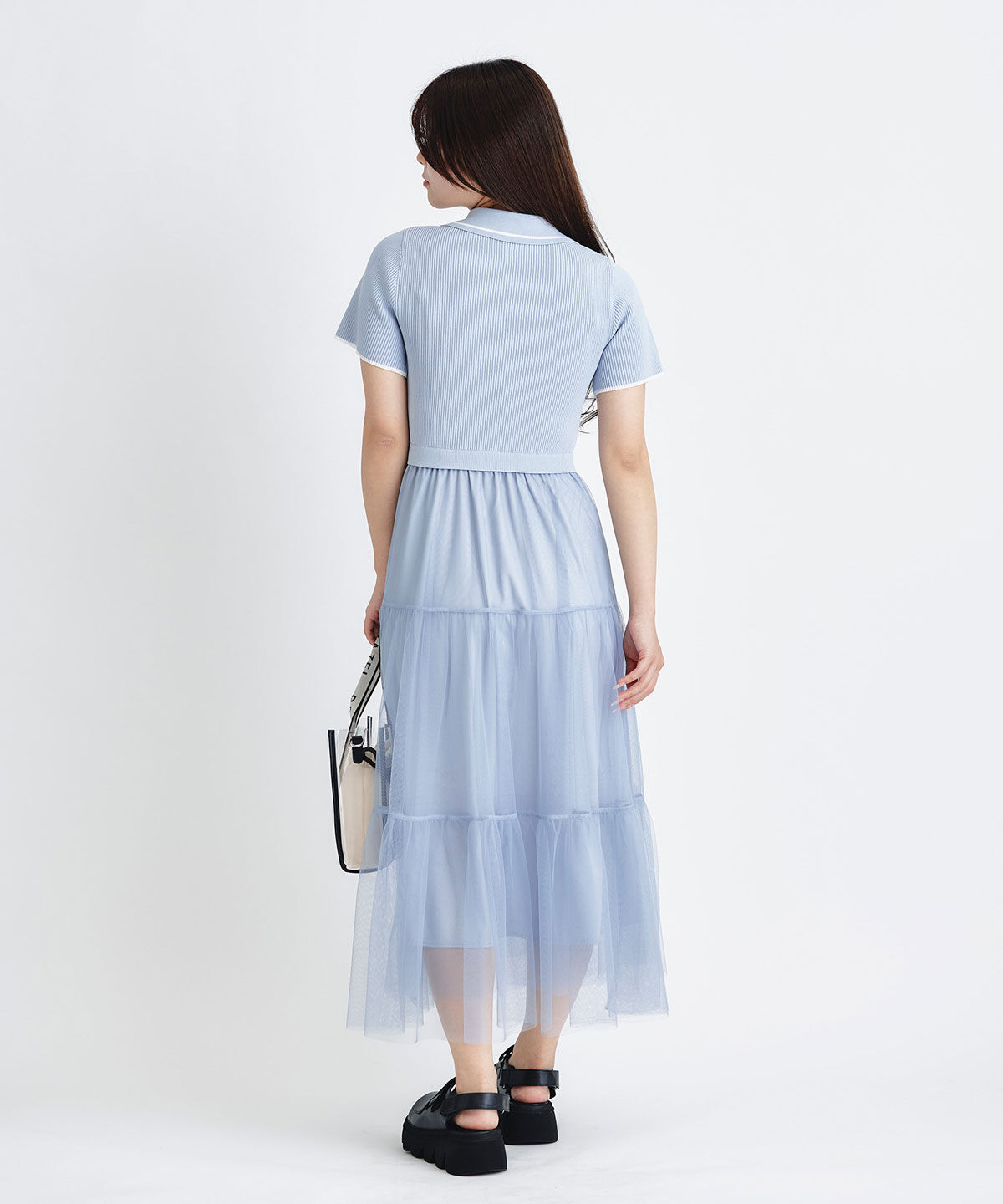 REDYAZEL「ポロニットチュールティアードドッキングロングワンピース」|ワンピース|