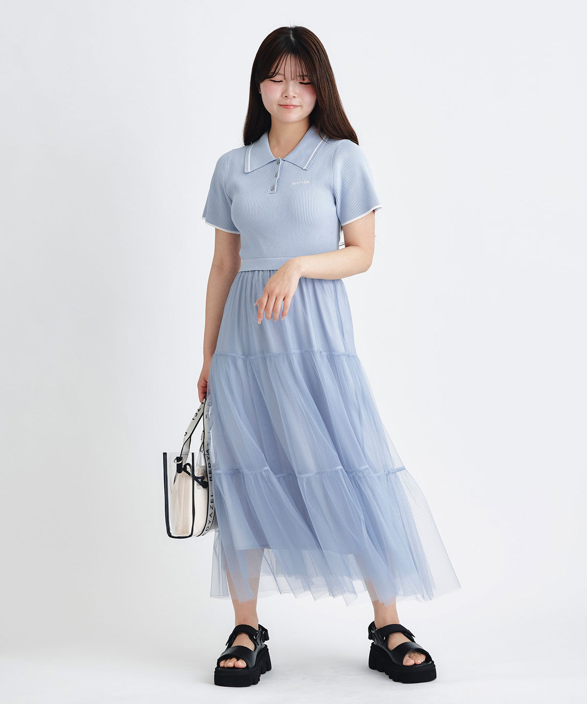 REDYAZEL「ポロニットチュールティアードドッキングロングワンピース」|ワンピース|