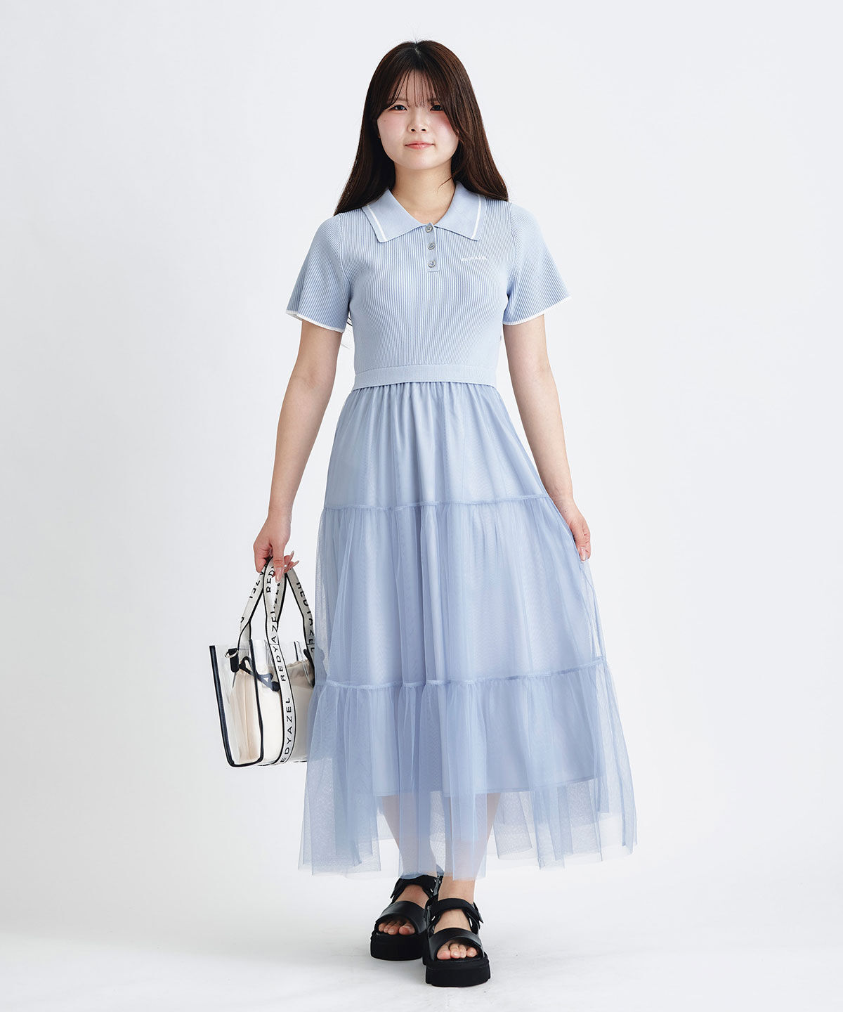 REDYAZEL「ポロニットチュールティアードドッキングロングワンピース」|ワンピース|