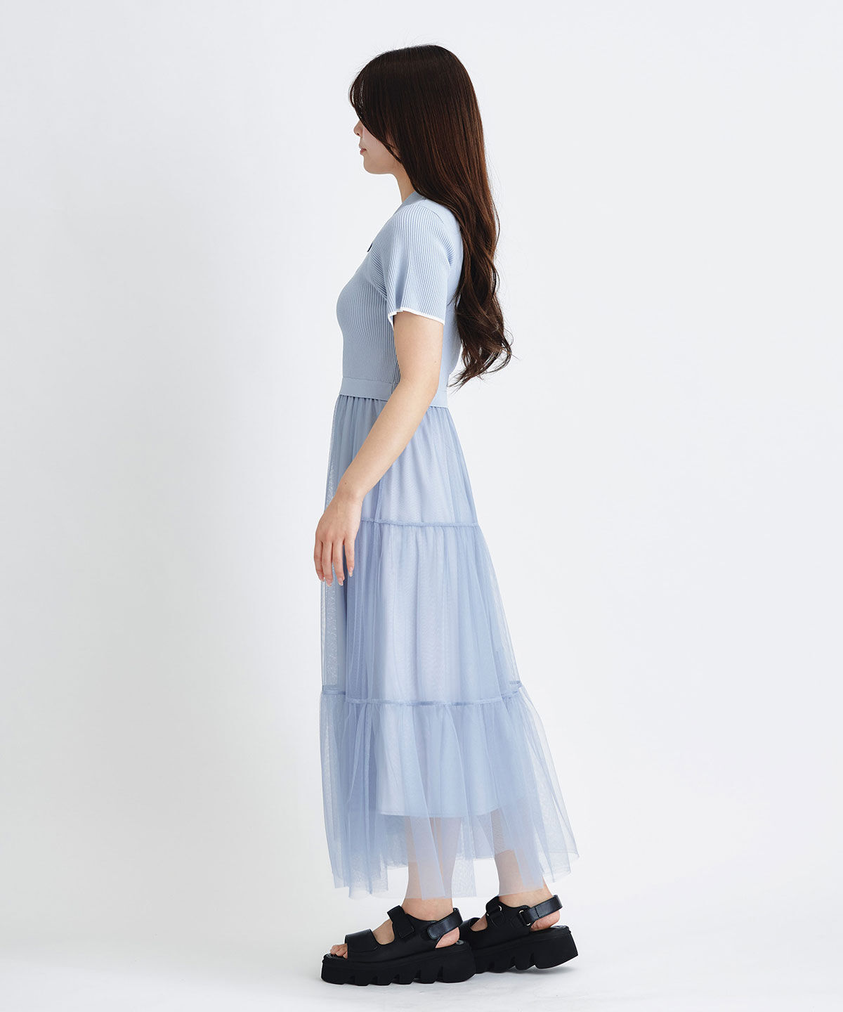 REDYAZEL「ポロニットチュールティアードドッキングロングワンピース」|ワンピース|