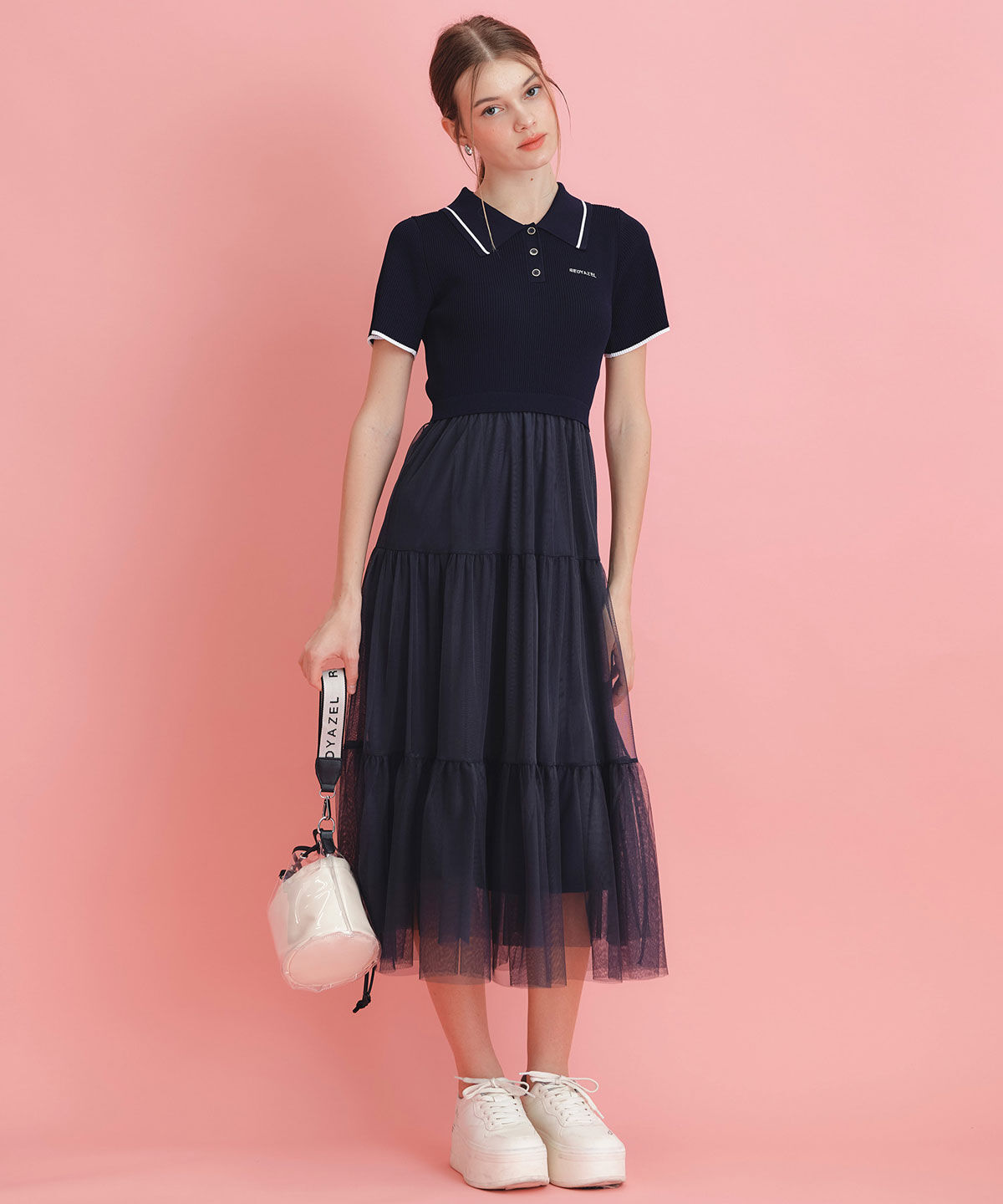 REDYAZEL「ポロニットチュールティアードドッキングロングワンピース」|ワンピース|ネイビー