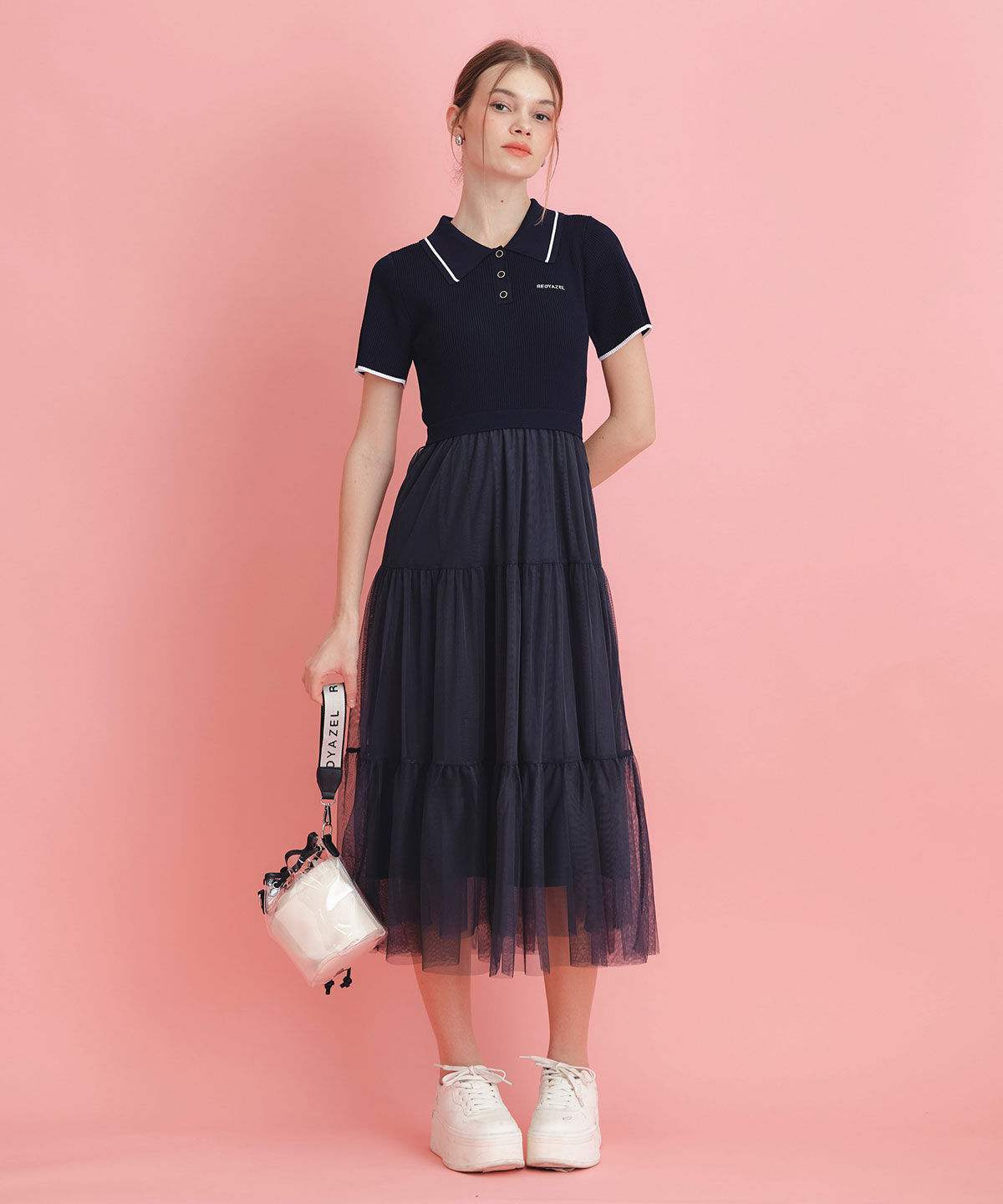 REDYAZEL「ポロニットチュールティアードドッキングロングワンピース」|ワンピース|