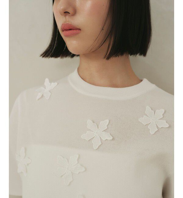 EMMEL REFINES「＜EMMEL REFINES＞EM HW フラワーモチーフ ショートスリーブ ニット」|ニット・セーター|WHITE