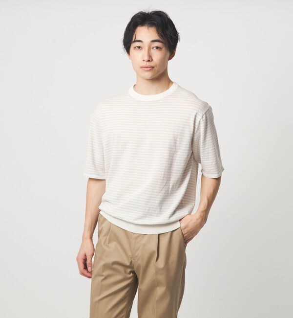 UNITED ARROWS green label relaxing「リネン ポリエステル ボーダー クルーネック 半袖 ニット -ウォッシャブル-」|ニット・セーター|WHITE