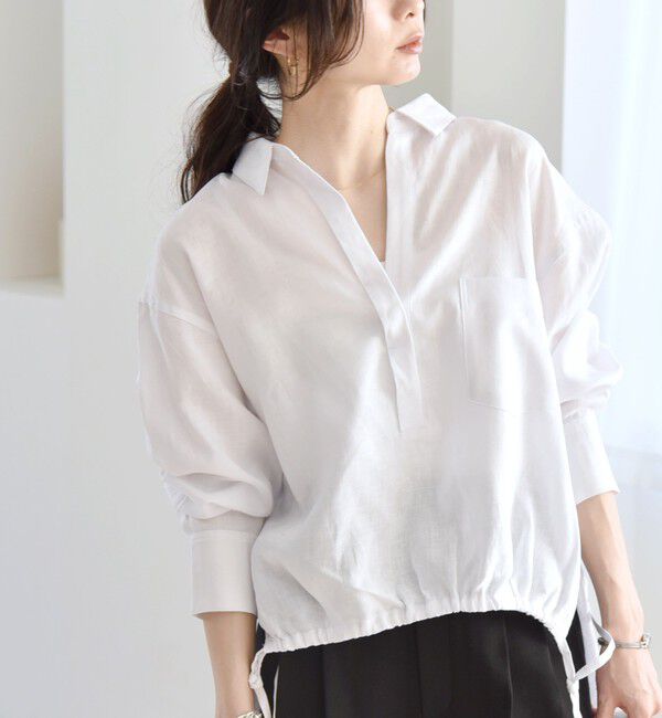 quaranciel「quaranciel:〈洗濯機可能〉リネン ミックス フロントギャザー スキッパー シャツ」|シャツ・ブラウス|