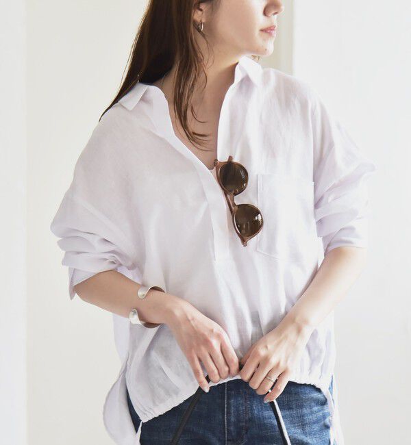 quaranciel「quaranciel:〈洗濯機可能〉リネン ミックス フロントギャザー スキッパー シャツ」|シャツ・ブラウス|