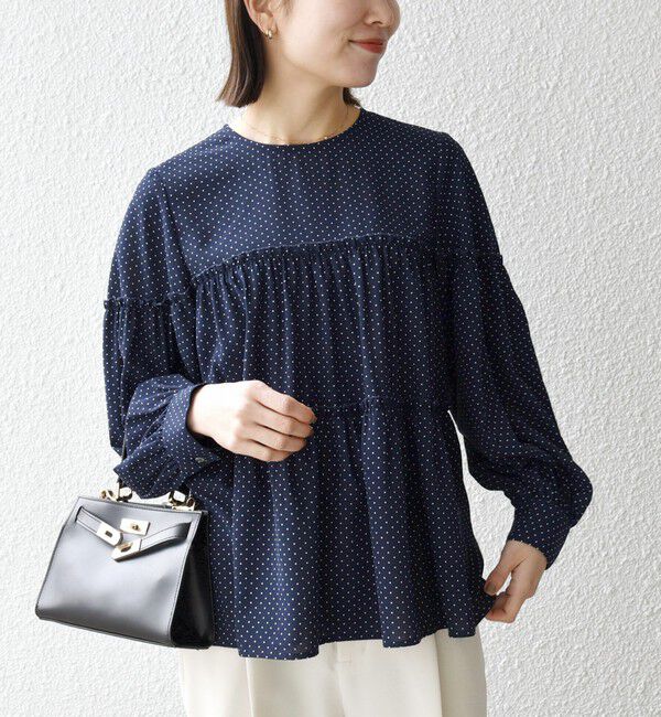 SHIPS any「SHIPS any:〈洗濯機可能〉ドット ノーカラー ティアード フレア ブラウス」|シャツ・ブラウス|