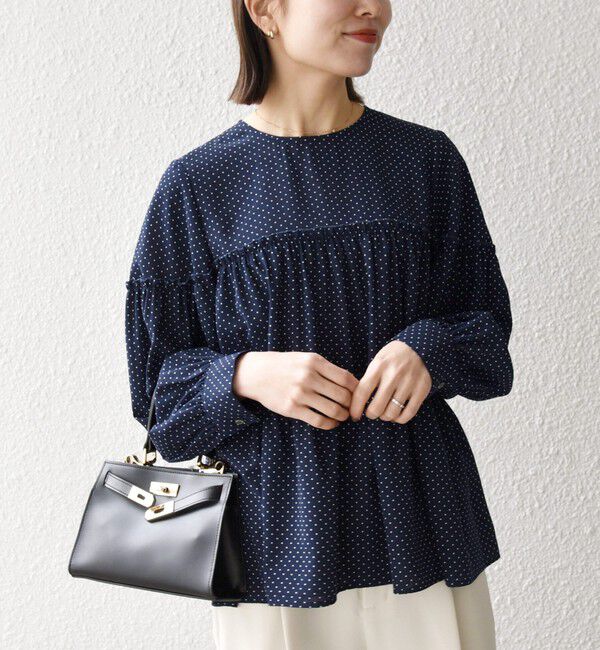 SHIPS any「SHIPS any:〈洗濯機可能〉ドット ノーカラー ティアード フレア ブラウス」|シャツ・ブラウス|