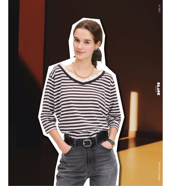 IENA「《予約》BLACK フリル付きボーダーカットソー」|Tシャツ・カットソー|