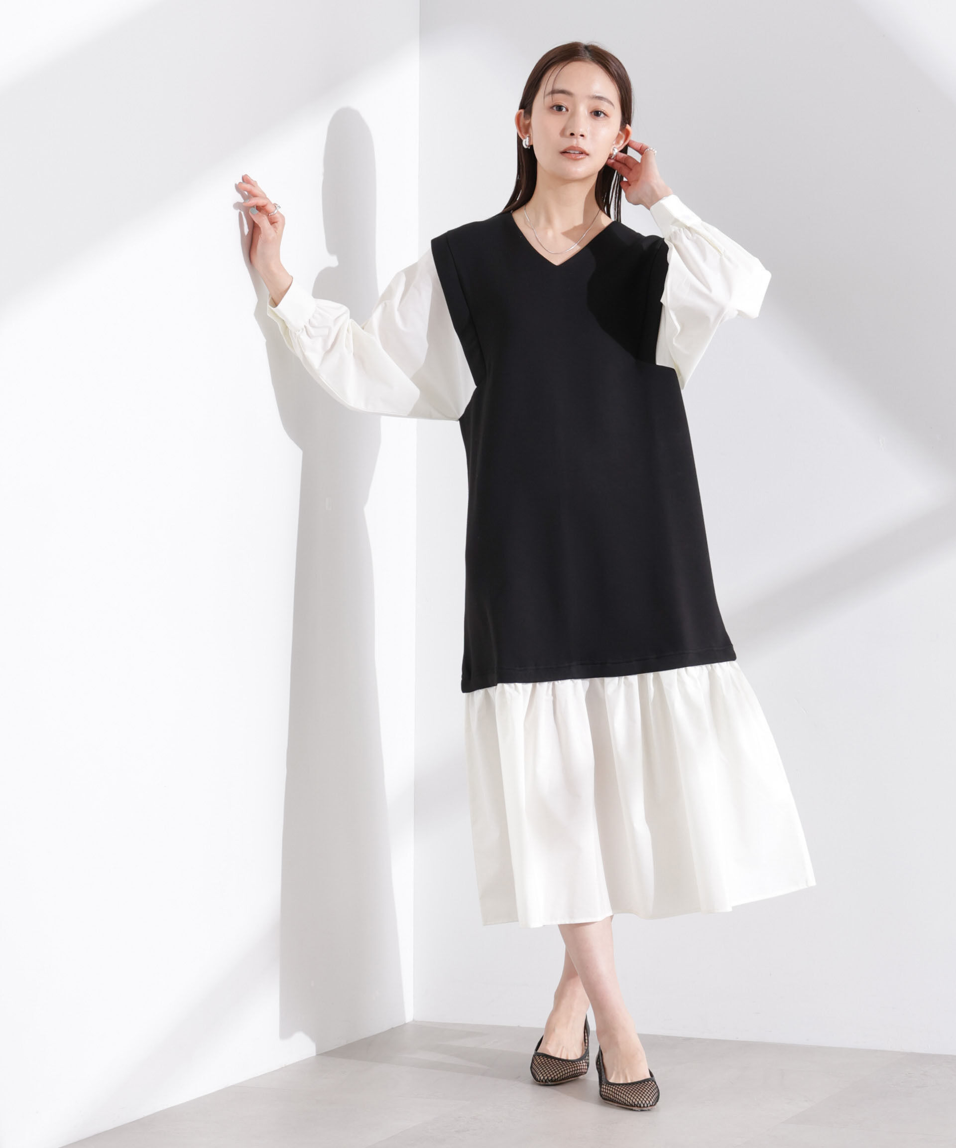 nano･universe「ダンボールベストレイヤード風コンビワンピース」|ワンピース|