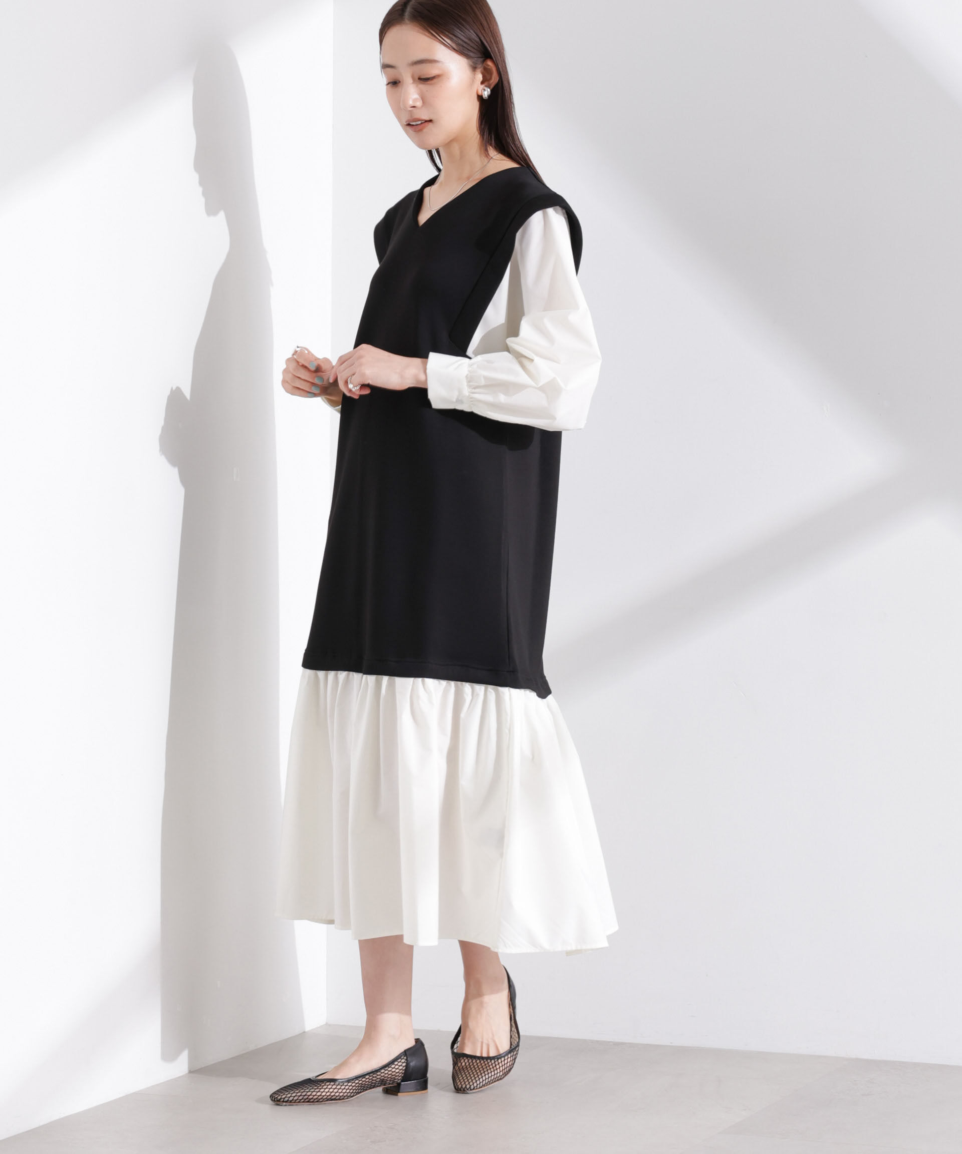 nano･universe「ダンボールベストレイヤード風コンビワンピース」|ワンピース|