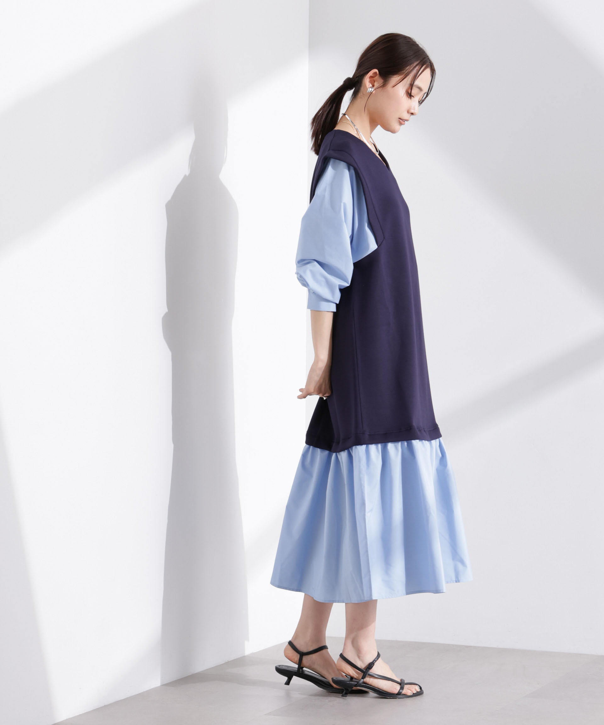 nano･universe「ダンボールベストレイヤード風コンビワンピース」|ワンピース|