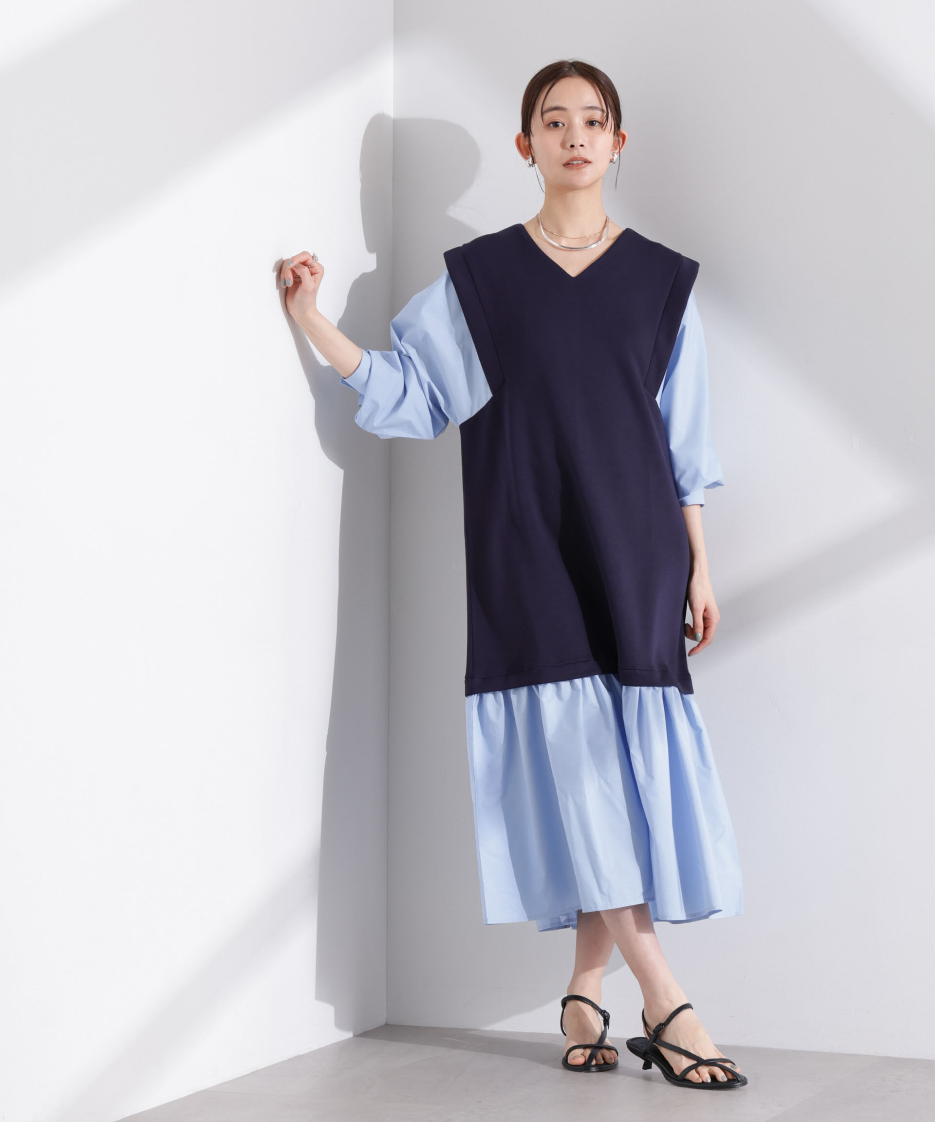 nano･universe「ダンボールベストレイヤード風コンビワンピース」|ワンピース|