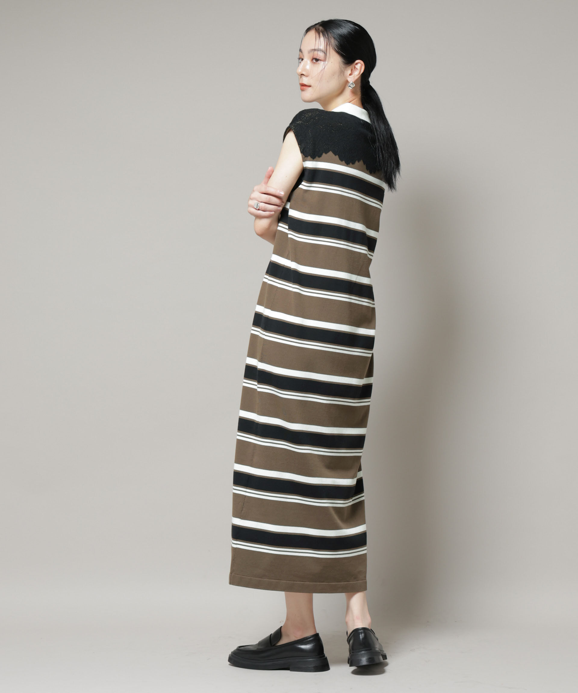 nano･universe「コットンボーダーレース編みポロニットワンピース」|ワンピース|