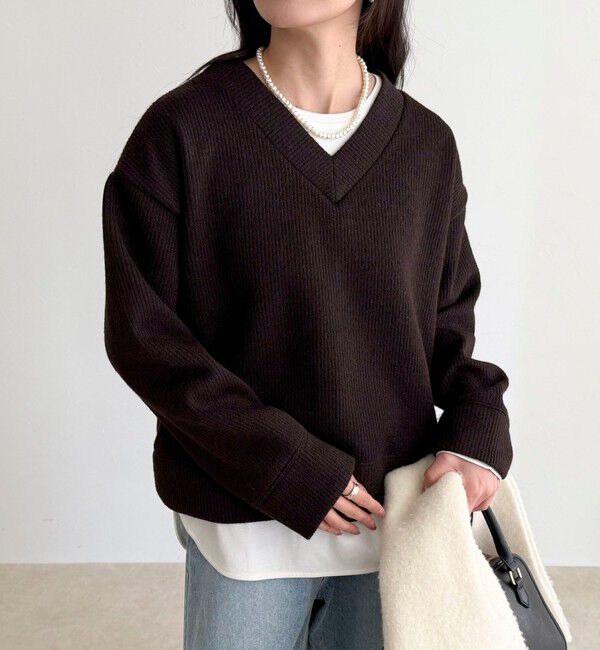 fredy emue「リブ見えニットソーVネックプルオーバー」|Tシャツ・カットソー|