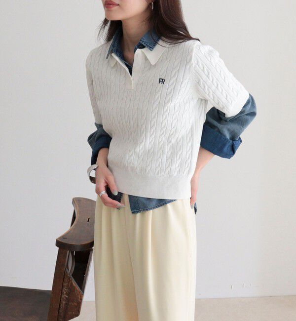 fredy emue「【大人気シリーズの新型登場！】FR刺しゅうケーブル柄半袖ポロ衿プルオーバーニット」|ニット・セーター|
