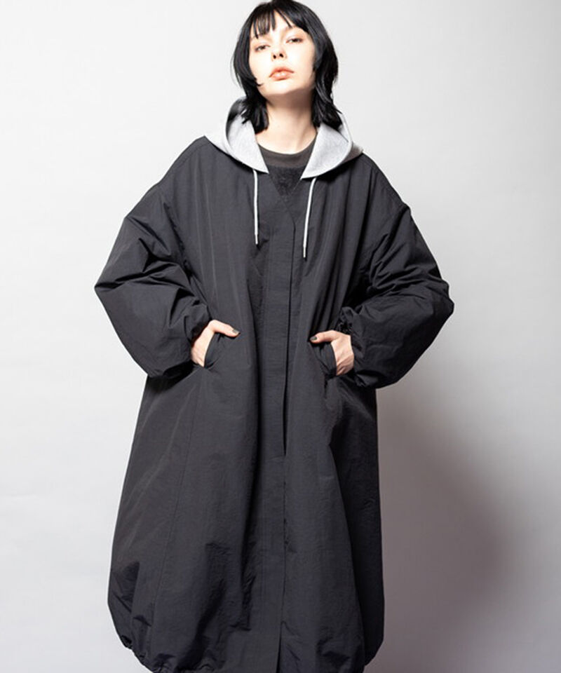  「フーデッドバルーンコート」|ノーカラーコート|BLACK