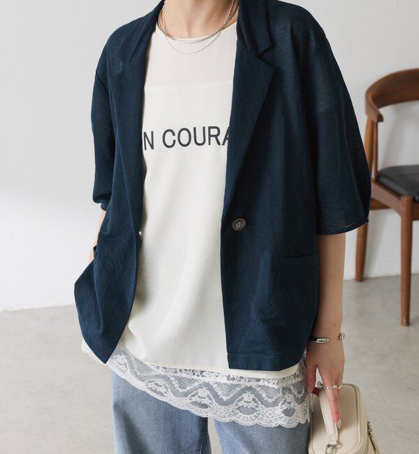  「【冷房/紫外線対策/カットソー生地】シアーハーフスリーブカットジャケット」|Tシャツ・カットソー|