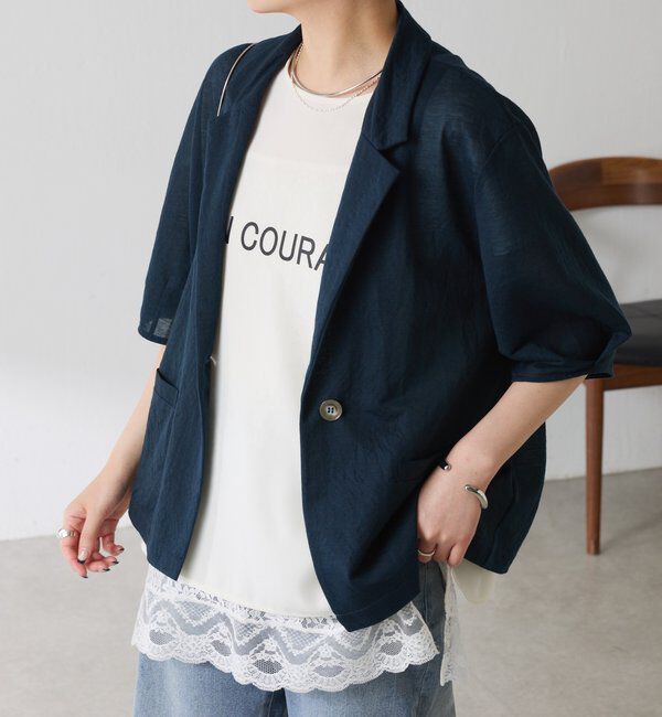  「【冷房/紫外線対策/カットソー生地】シアーハーフスリーブカットジャケット」|Tシャツ・カットソー|