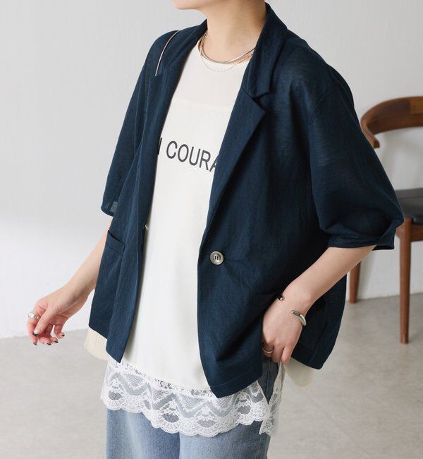  「【冷房/紫外線対策/カットソー生地】シアーハーフスリーブカットジャケット」|Tシャツ・カットソー|