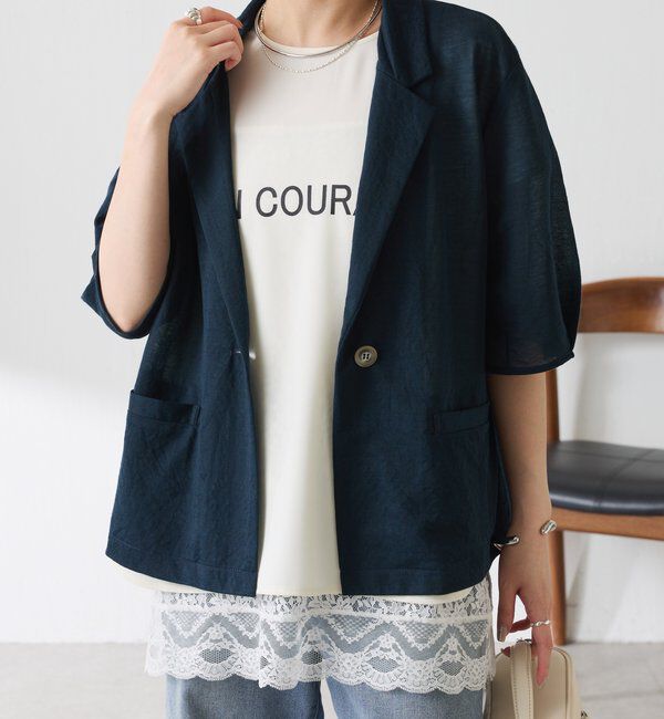  「【冷房/紫外線対策/カットソー生地】シアーハーフスリーブカットジャケット」|Tシャツ・カットソー|