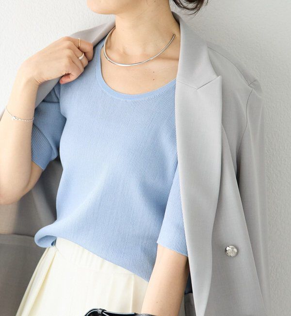  「【アンサンブル対応可】コットンUネックリブニット」|ニット・セーター|サックスブルー