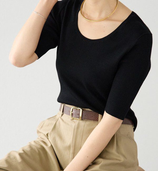  「【アンサンブル対応可】コットンUネックリブニット」|ニット・セーター|ブラック