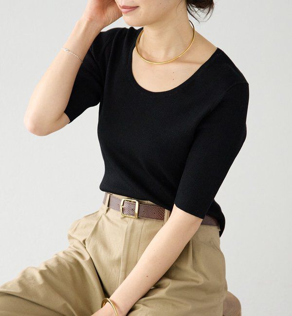  「【アンサンブル対応可】コットンUネックリブニット」|ニット・セーター|