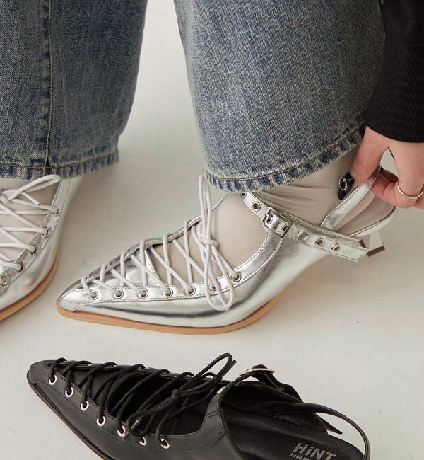  「レースアップアイレットミュール」|ロングブーツ|シルバー