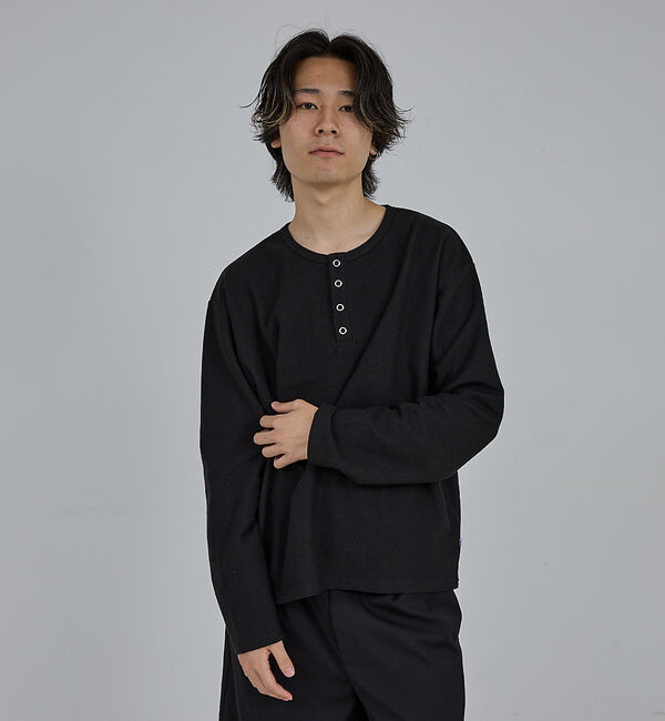 ABAHOUSE「【AH ABAHOUSE】モダン カノコ スナップ ヘンリーネック ロングスリー」|Tシャツ・カットソー|ブラック