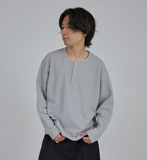 ABAHOUSE「【AH ABAHOUSE】モダン カノコ スナップ ヘンリーネック ロングスリー」|Tシャツ・カットソー|グレージュ