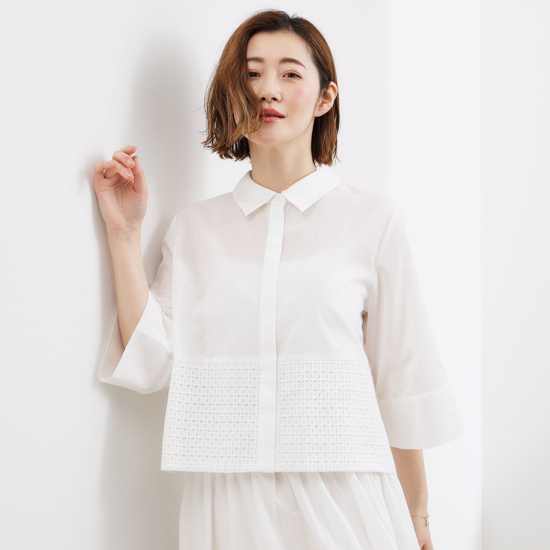 grove「レースドッキング ロールアップシャツ」|シャツ・ブラウス|オフホワイト(003