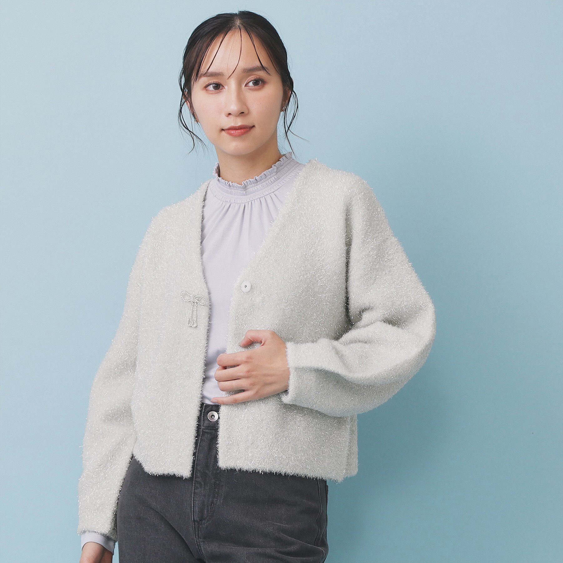 index「リボンブローチフィルムラメフェザーカーディガン【洗濯機OK】」|カーディガン|