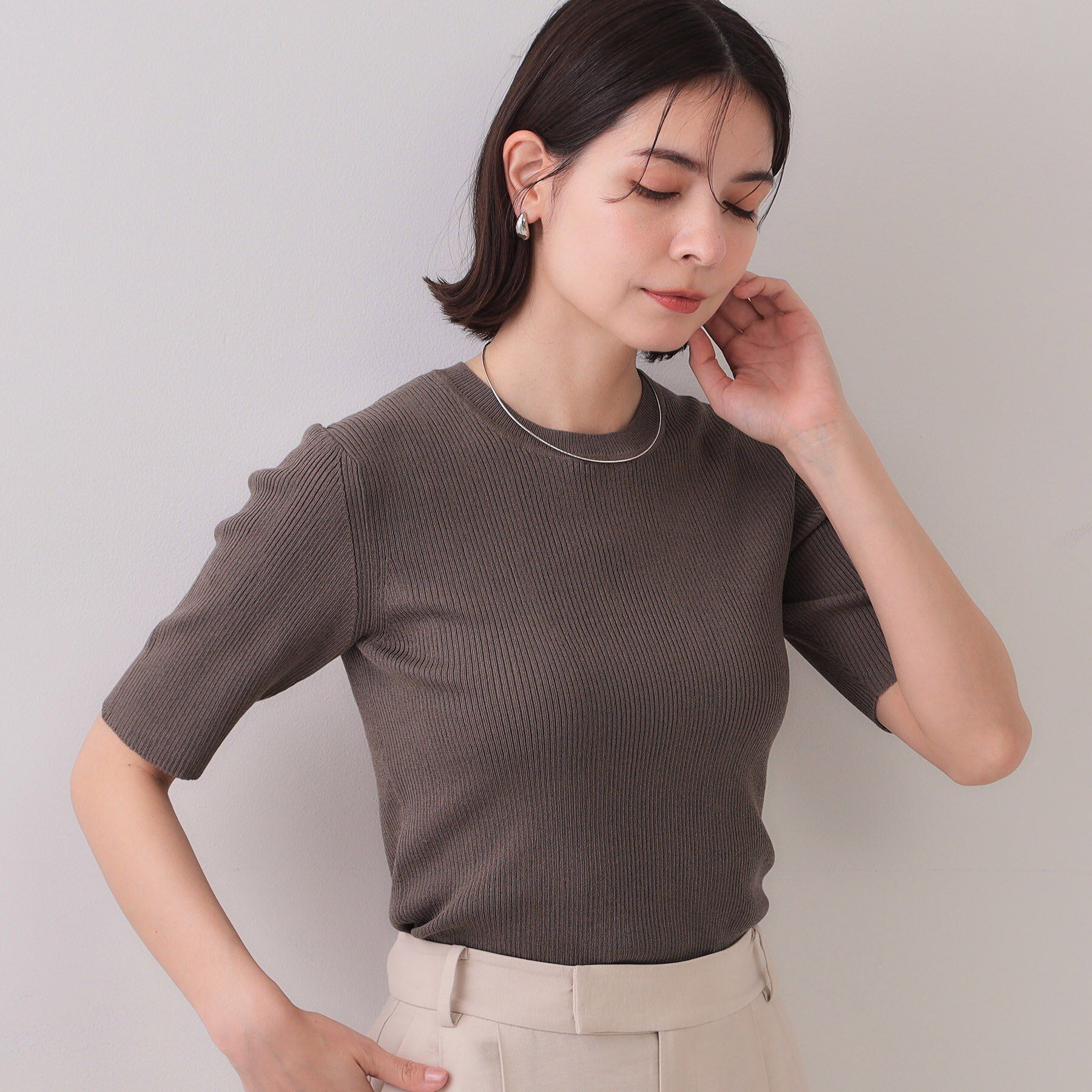 OPAQUE.CLIP「シアーリブハーフスリーブニット【洗濯機洗い可/抗ピル】」|ニット・セーター|トープ(054)