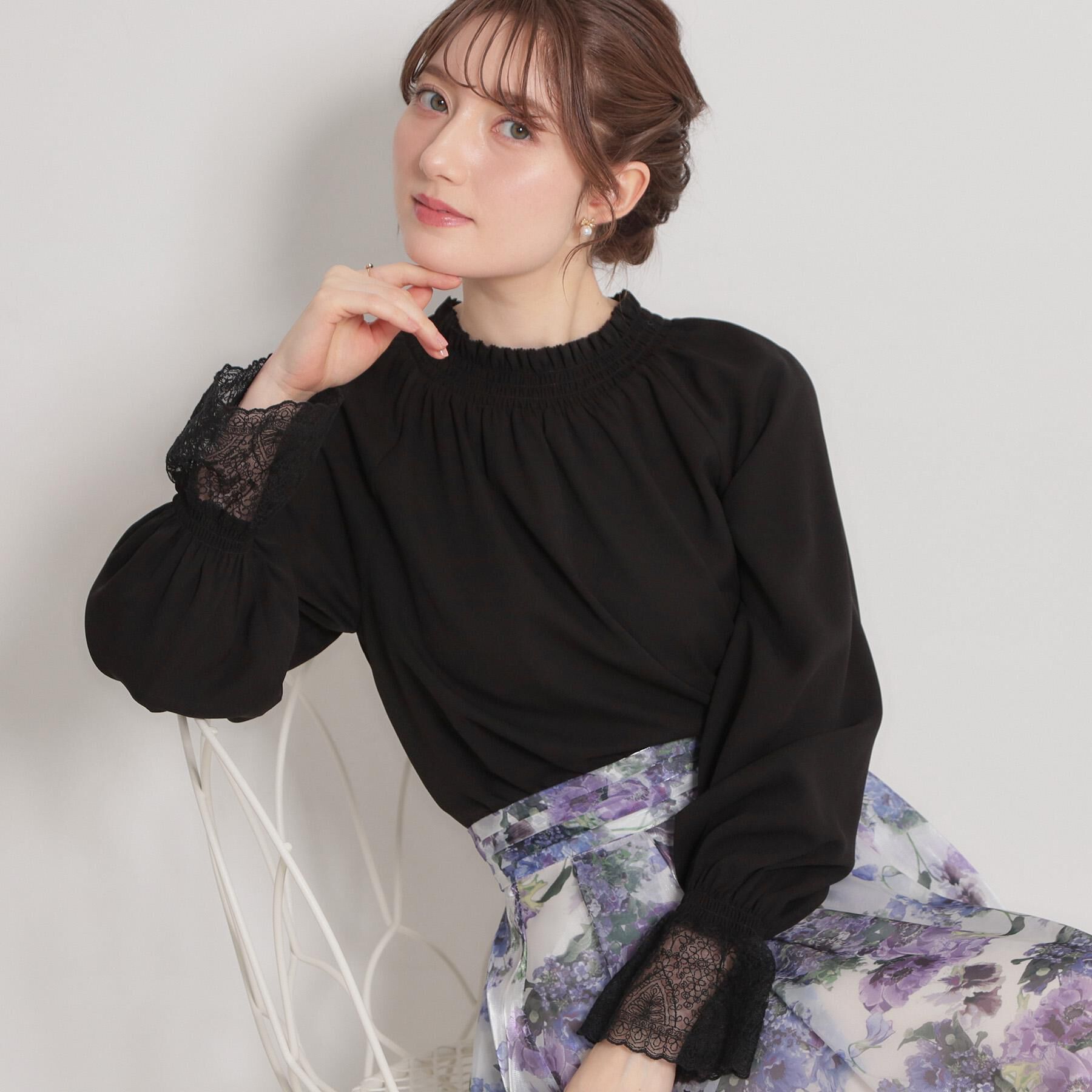 Couture broach「【通勤・着映え】レースカフス ピコシャーリング バックリボンブラウス」|シャツ・ブラウス|