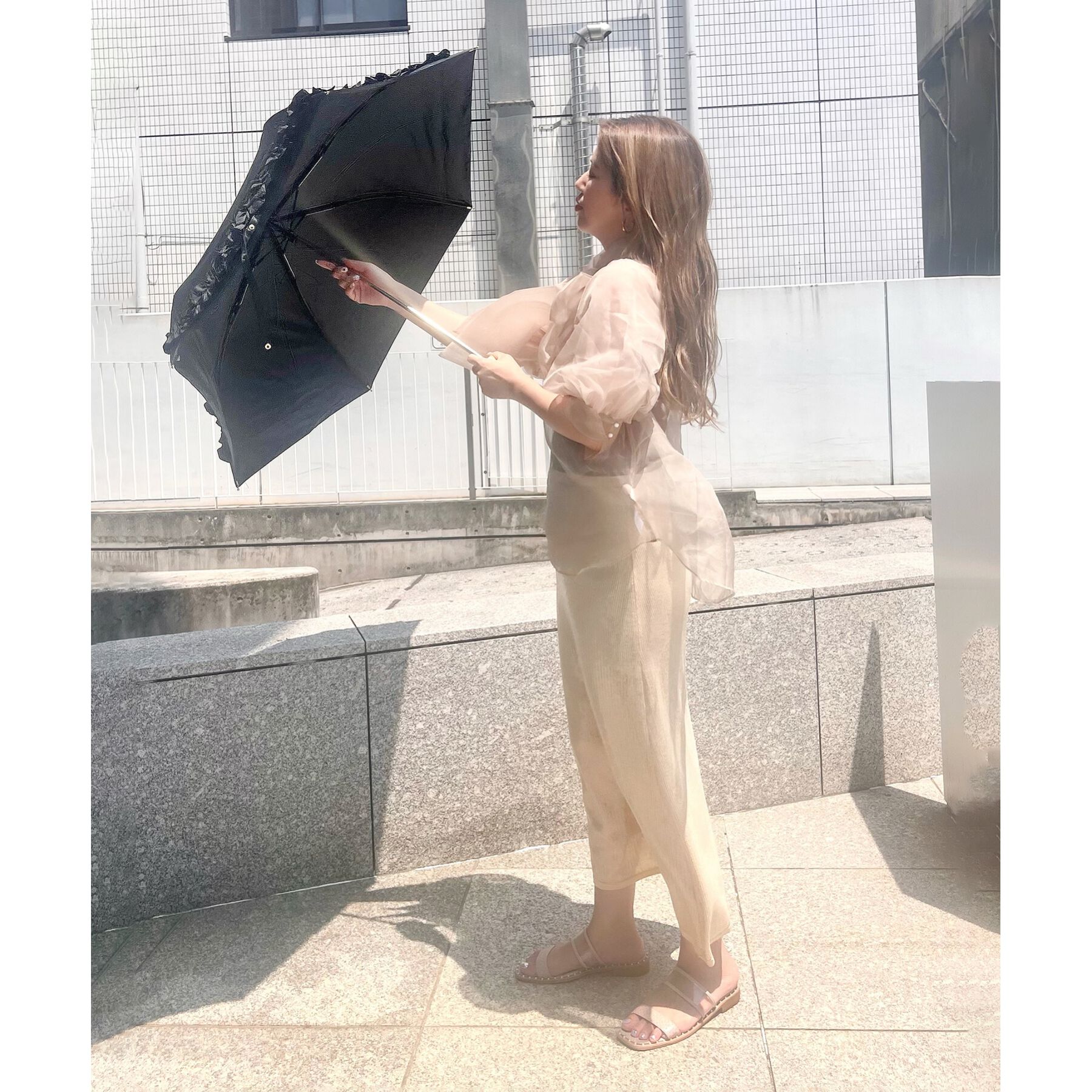 Ober Tashe「pink trick/ピンクトリック　遮光率100％！ギャザーフリル折りたたみ日傘（晴雨兼用）」|傘|