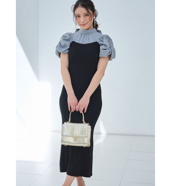 MERCURYDUO「ギンガムギャザーパフニットドッキングワンピース」|ワンピース|ブラック