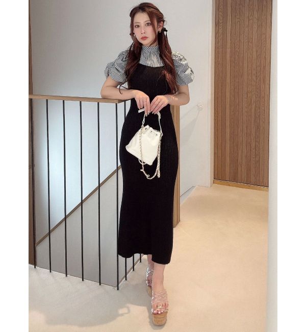 MERCURYDUO「ギンガムギャザーパフニットドッキングワンピース」|ワンピース|