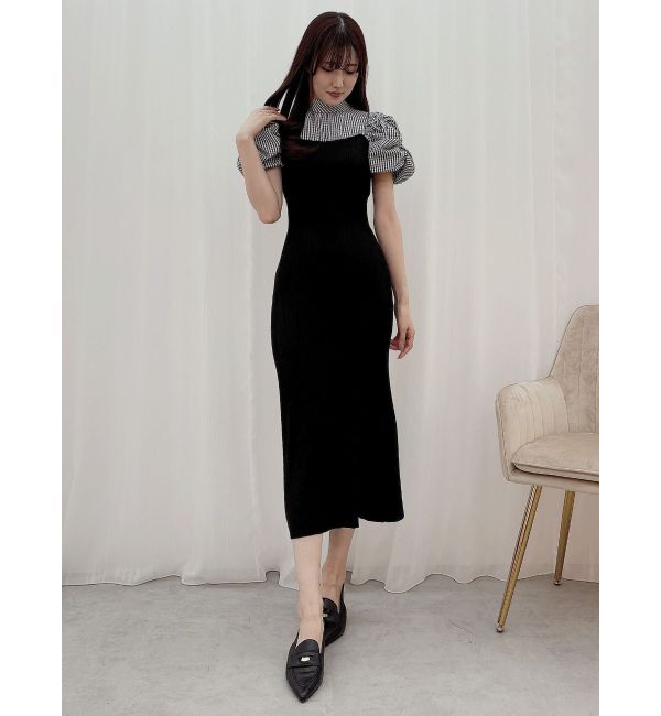 MERCURYDUO「ギンガムギャザーパフニットドッキングワンピース」|ワンピース|