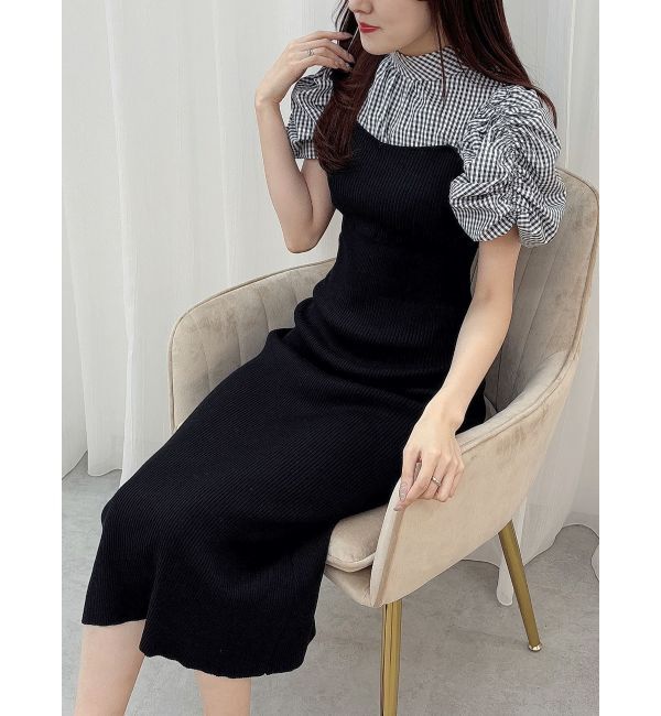 MERCURYDUO「ギンガムギャザーパフニットドッキングワンピース」|ワンピース|