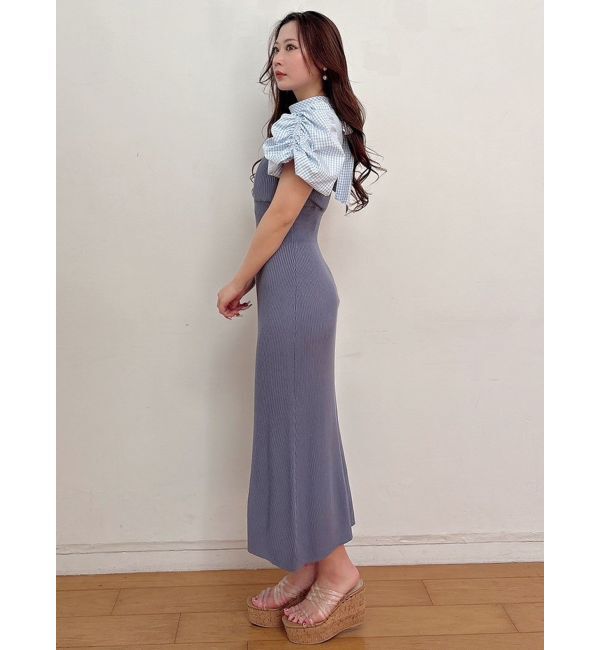 MERCURYDUO「ギンガムギャザーパフニットドッキングワンピース」|ワンピース|