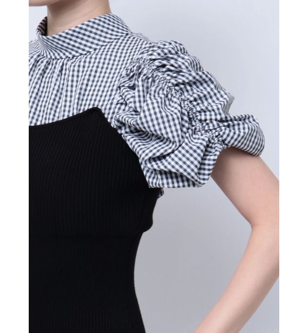 MERCURYDUO「ギンガムギャザーパフニットドッキングワンピース」|ワンピース|