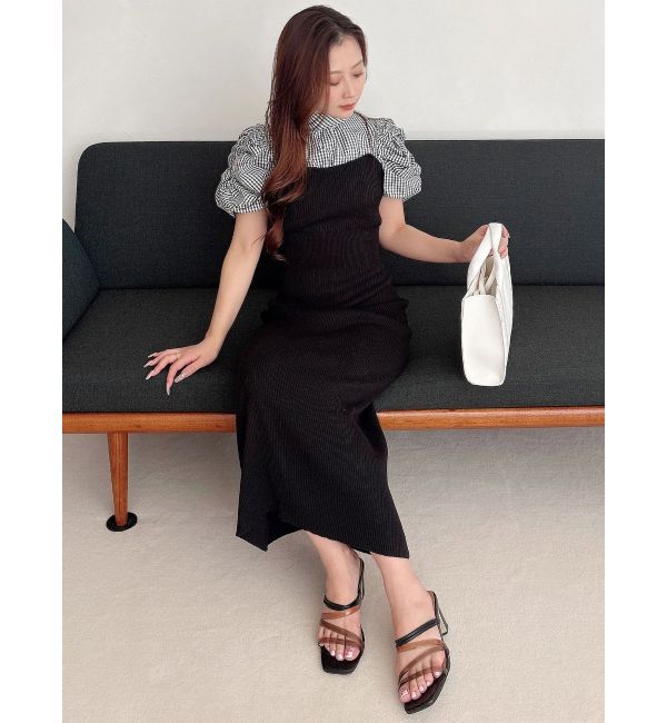 MERCURYDUO「ギンガムギャザーパフニットドッキングワンピース」|ワンピース|