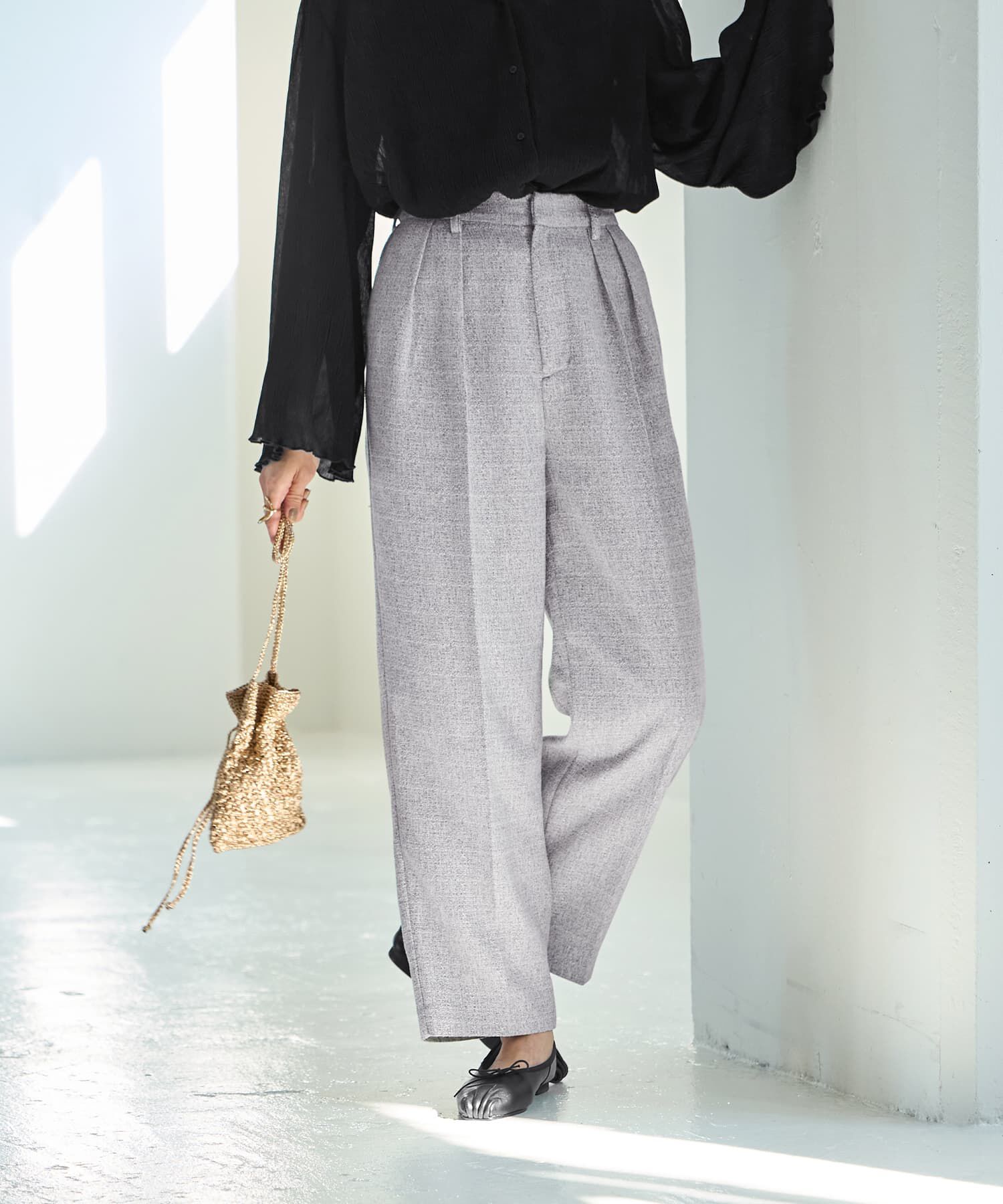 STYLE DELI「【LUXE】ライトツイードワイドパンツ」|スラックス|グレーミックス