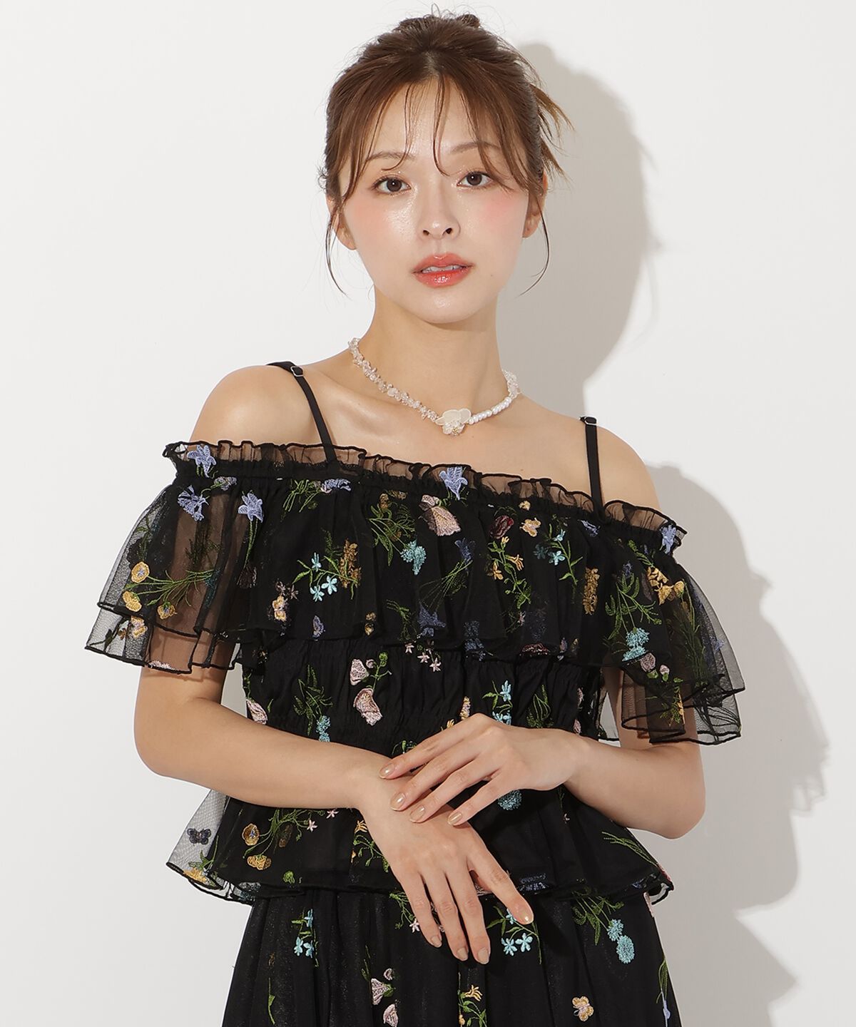 アンドクチュール「ボタニカル柄刺繍チュールブラウス」|シャツ・ブラウス|