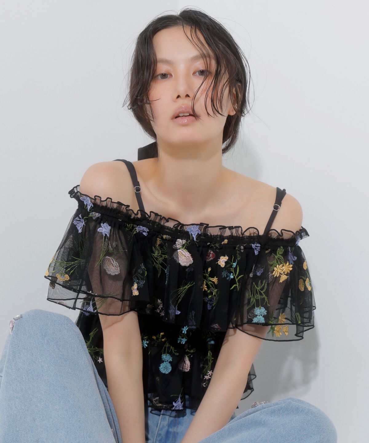 アンドクチュール「ボタニカル柄刺繍チュールブラウス」|シャツ・ブラウス|ブラック