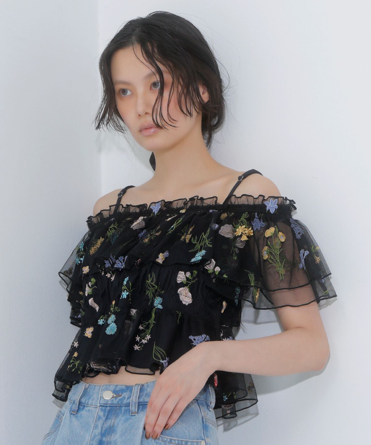 アンドクチュール「ボタニカル柄刺繍チュールブラウス」|シャツ・ブラウス|