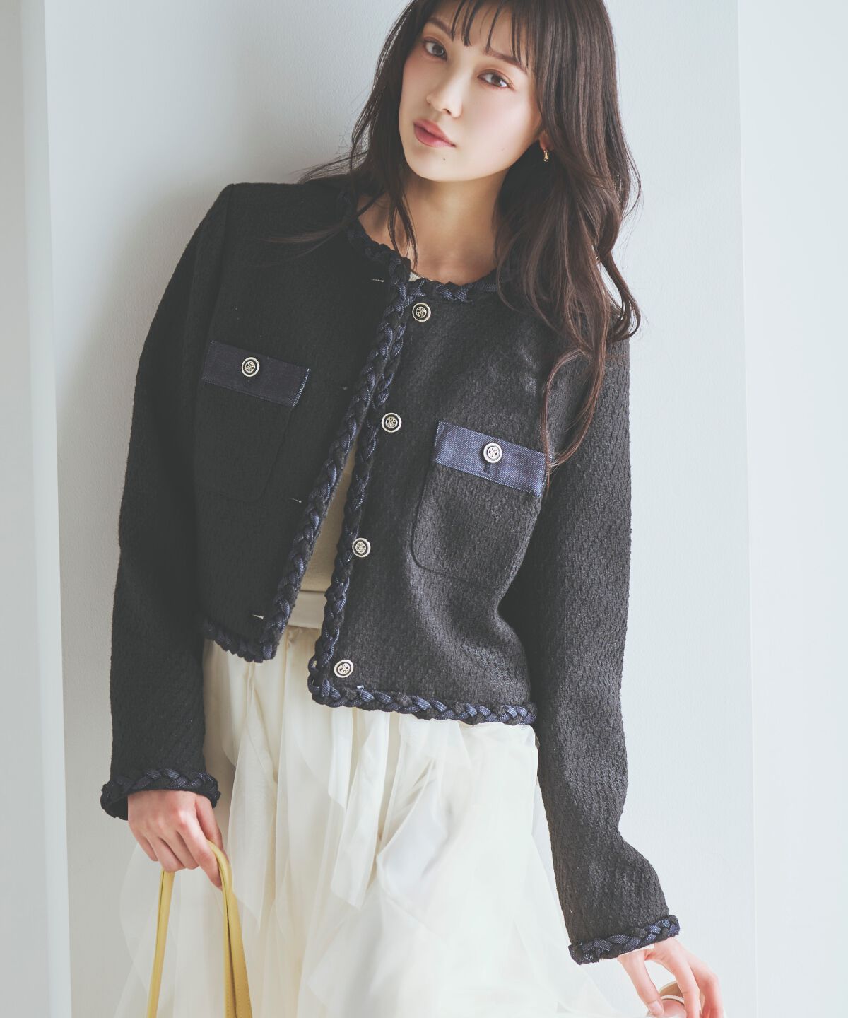 アンドクチュール「デニムコンビツイードジャケット」|ノーカラージャケット|ブラック