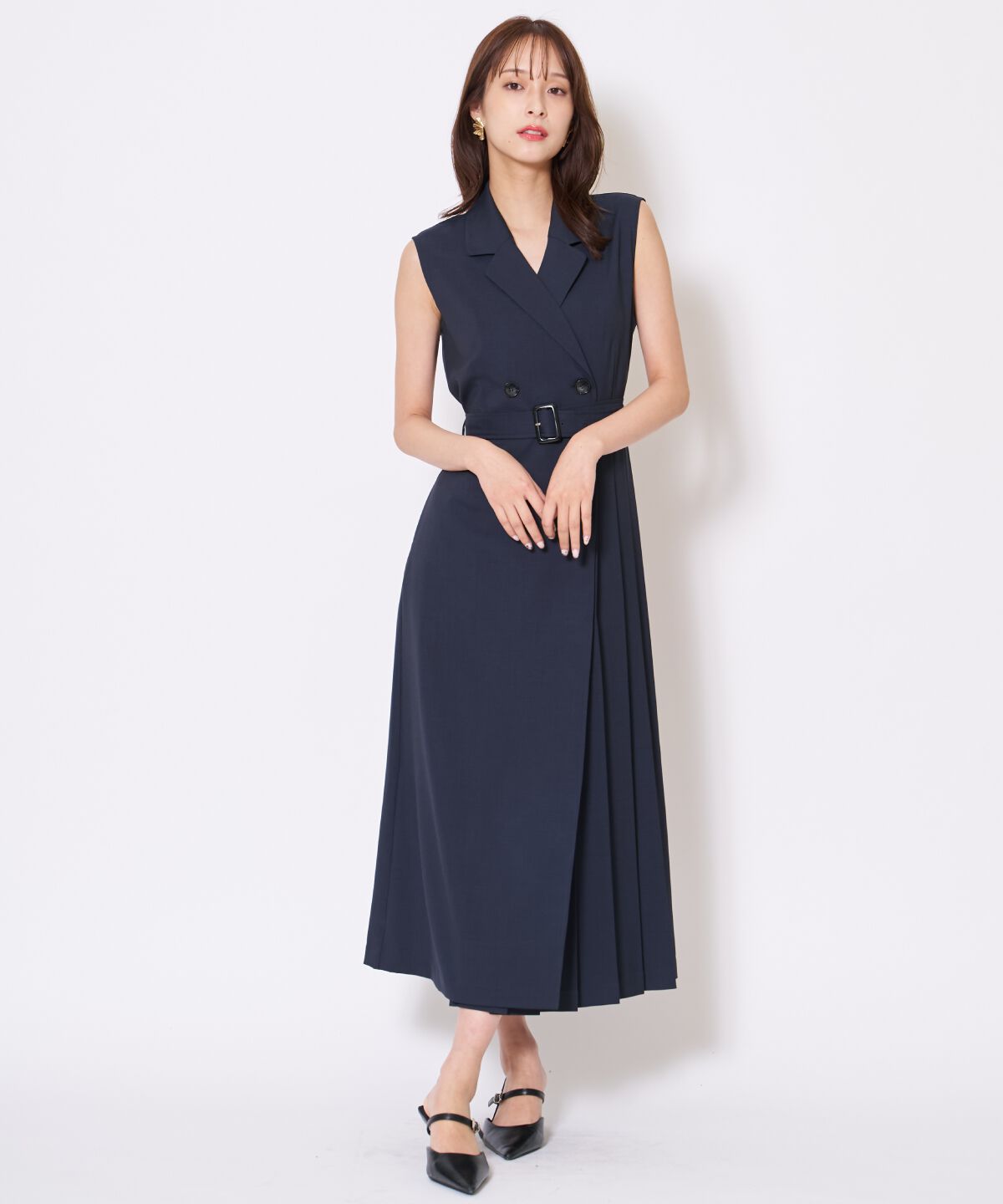 アンドクチュール「アシメプリーツロングジレワンピース」|ワンピース|ブラック