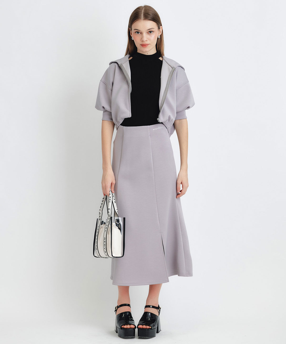 REDYAZEL「ダンボールセミマーメイドスリットロングスカート」|タイト|ライトグレー